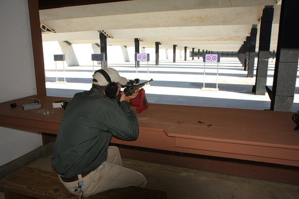 Man shooting at the Jay Henges shooting range.
