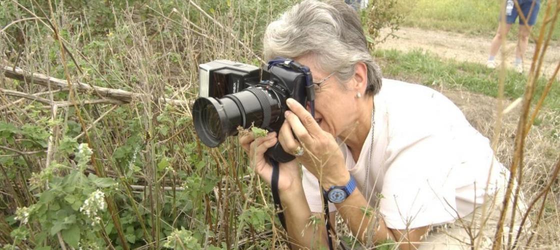 A woman crouches down to take a nature picture