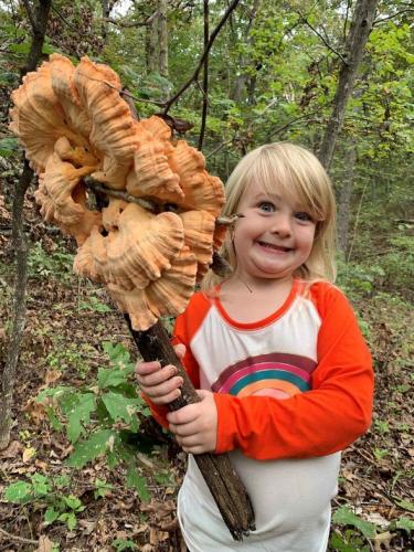 Child with chicken of the woods mushroom