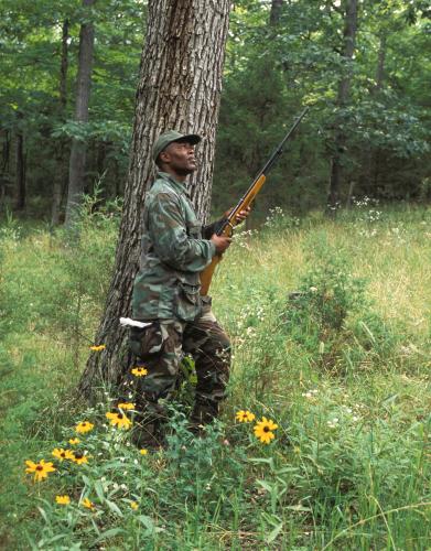 A hunter in camouflage clothing waits for a shot at a squirrel.