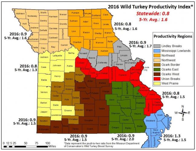 Poult-to-hen ratio map of Missouri's wild turkey productivity. 