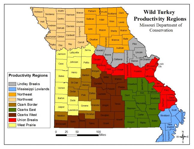 Regional map of the turkey production in Missouri.
