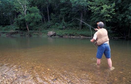 Angler fishing in stream