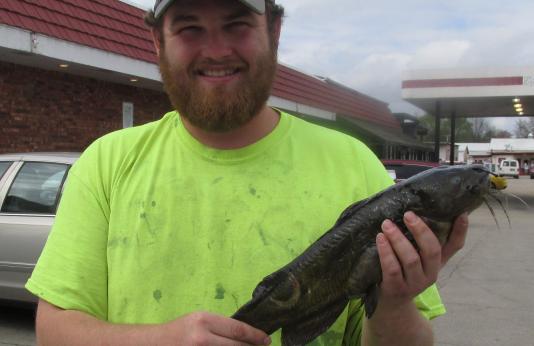 Michael Williams holding his state-record yellow bullhead.