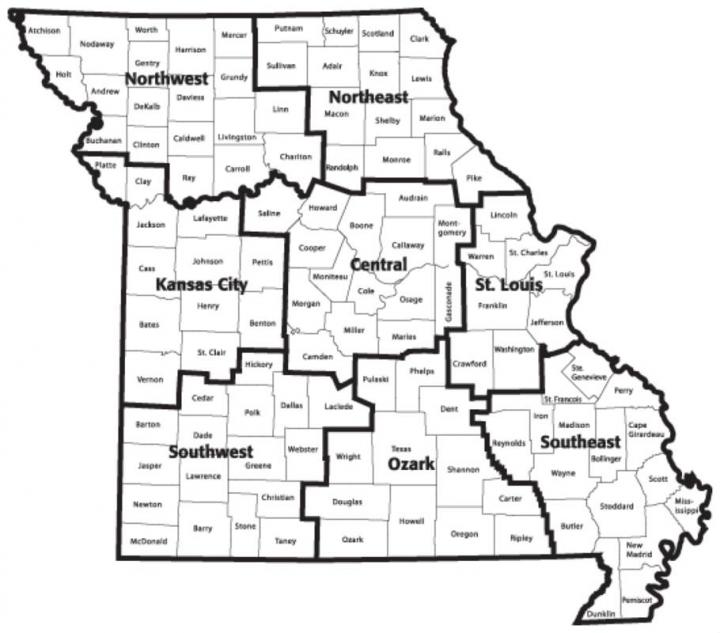 Map of Missouri showing boundaries of regions as defined by MDC